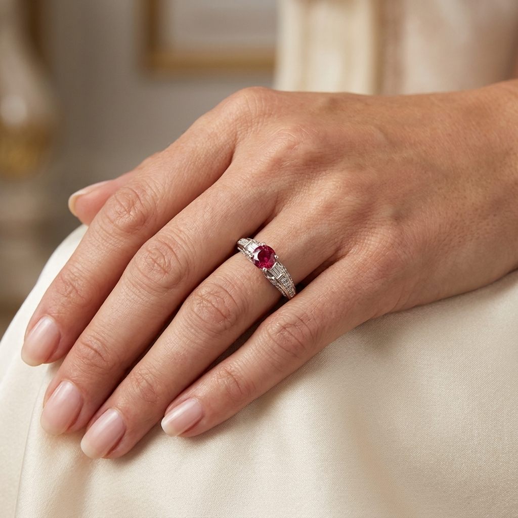 Brilliant Diamond Cut, Round Shape, Madagascar Ruby(0.55CT, 5.5mm), Mounted at 14K White Gold Ring with Natural Diamonds (0.50 CTW). Size 6.75