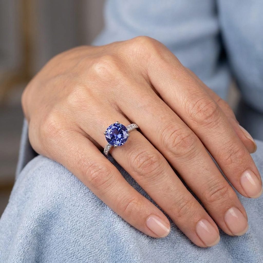 Modified Brilliant Cut, Round Shape, Bluish Violet Tanzanite (2.80CT, 8.89 - 9.01 x 5.53 mm), Mounted at Platinum 950 ring with Natural Diamonds (0.18 CTW E/F-SI). GIA Certified (5231466569). Size 5.25