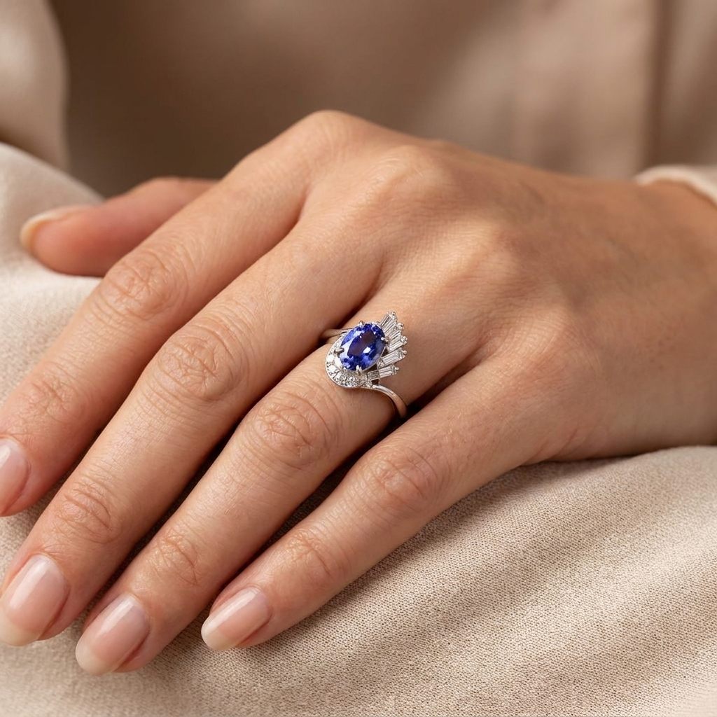 Oval Faceted, AAA, Natural Tanzanite (1.15CT, 8x6mm), Mounted on Platinum 900 Ring with Natural Diamonds (0.35 CTW, E/F-VS). Size 6