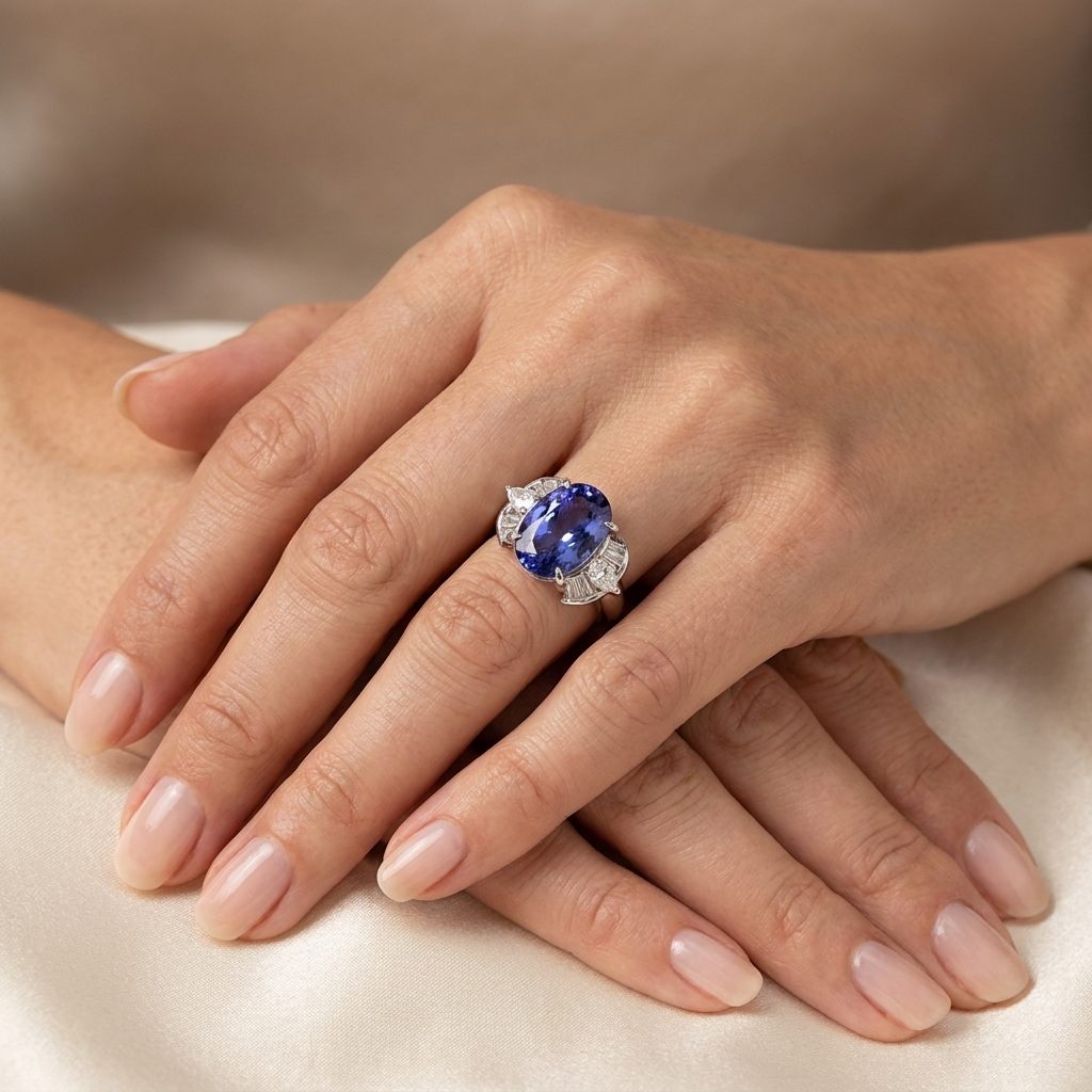Modified Brilliant Cut, Oval Shape, Bluish Violet Tanzanite (4.38CT, 12.77 x 8.29 x 5.57 mm), Mounted at Platinum 900 Ring with Natural Diamonds (0.60 CTW, E/F-VS). GIA Certified (5232466621). Size 5.75