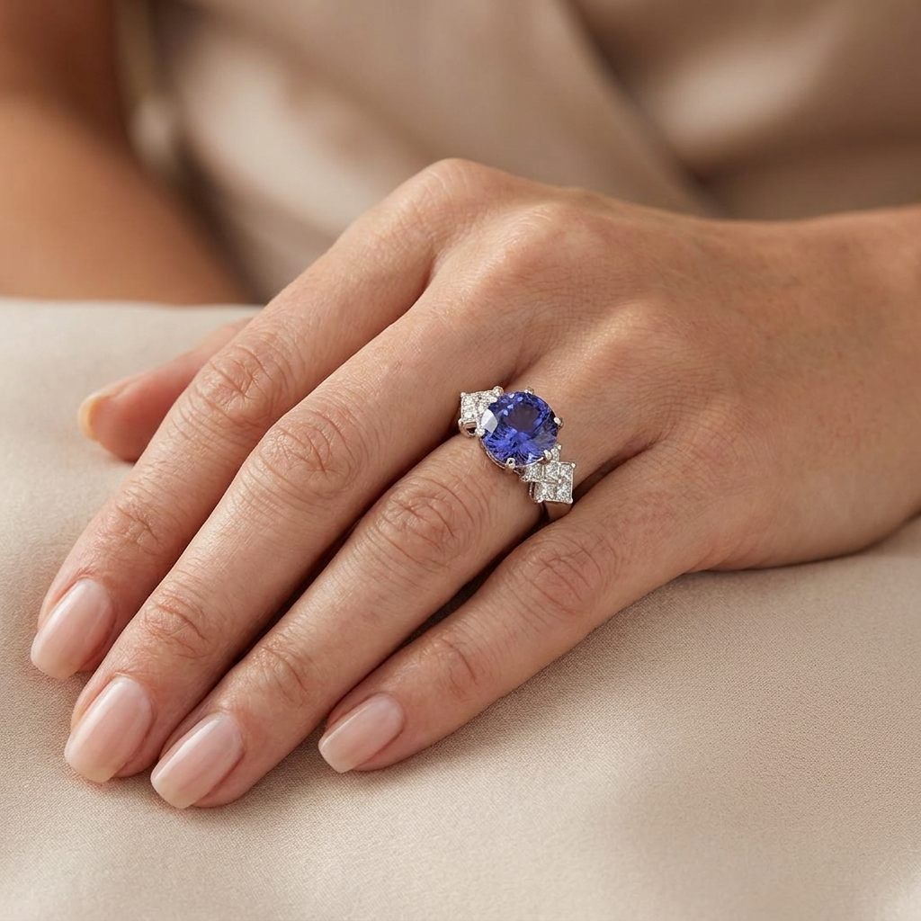 Natural Round Modified Brilliant Cut, Bluish Violet Tanzanite (5.25 CT - 10.20 mm) with 12 Natural Princess cut 3x3 mm Square Diamonds (1.92 CTW) Ring 14K White Gold. GIA Certified (2231466864).