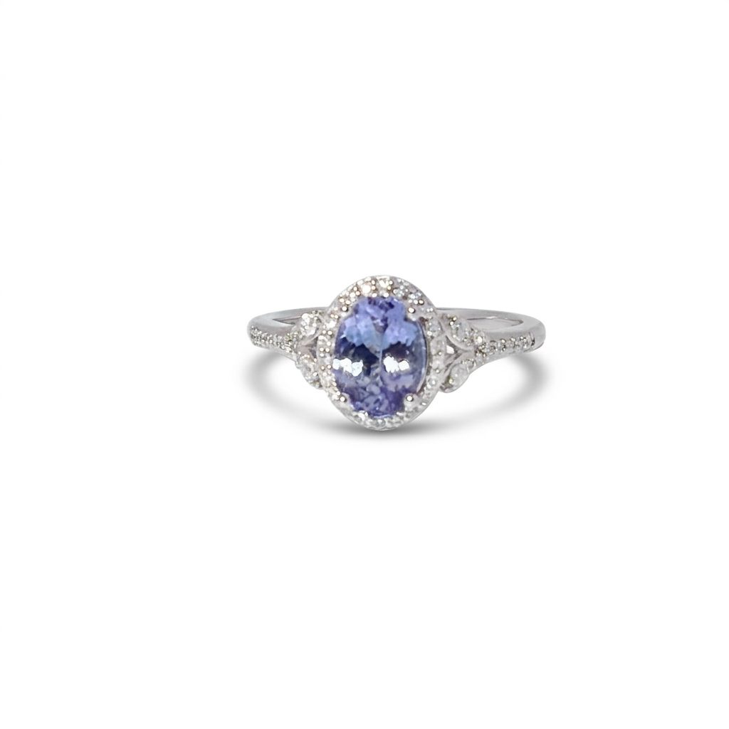 Natural Tanzanite and 0.25ct Natural Diamonds Women Ring, 10K White Gold