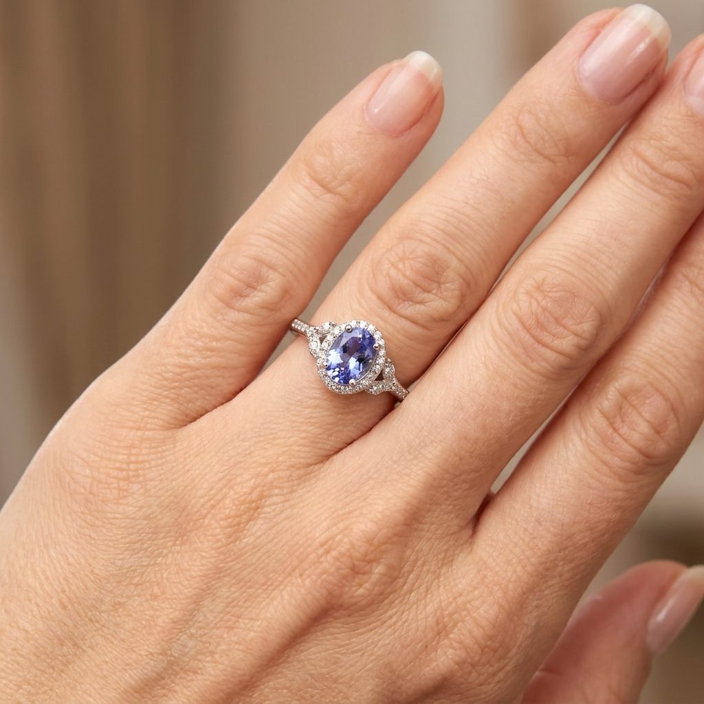 Natural Tanzanite and 0.25ct Natural Diamonds Women Ring, 10K White Gold