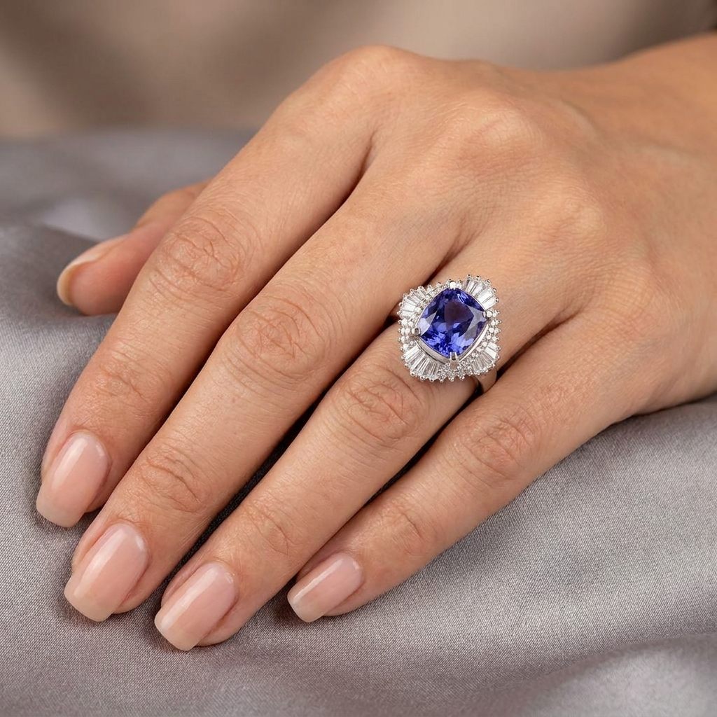 Modified Brilliant Cut, Cushion Shape, Bluish Violet Tanzanite (3.33CT, 9.71 x 8.32 x 4.87 mm) Mounted at Platinum 900 with Natural Diamonds (0.88CTW, E/F VS1). GIA Certified Stone (5231466563), Size 6.5