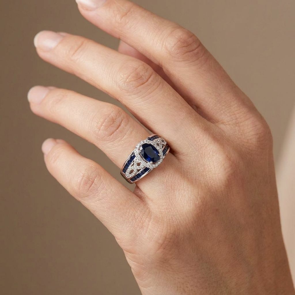 0.31ct Natural Diamonds, with 2.76ct Natural Sapphire, EFFY Designer Women Ring, 14K White Gold