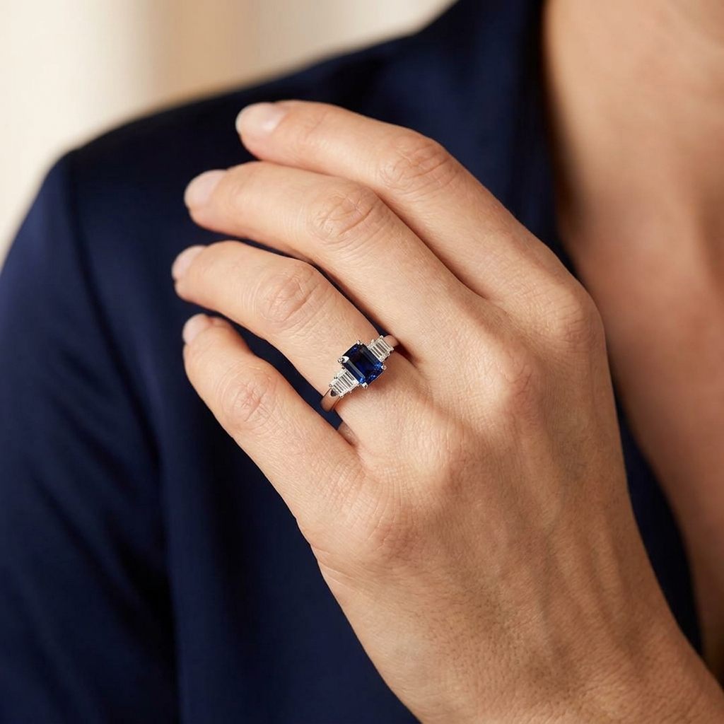 Emerald Step-Cut, AAA Natural Blue Sapphire (1.15CT, 7x5mm), Mounted on Platinum 900 Ring with Natural Diamonds (0.77 CTW, E/F VS1/VS2). Size 7.25