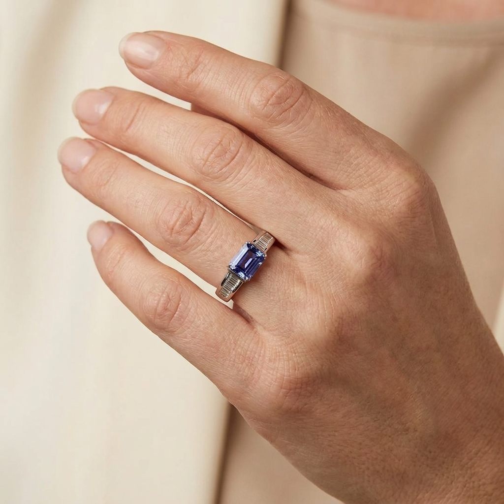 Emerald Step-Cut, AAA, Natural Tanzanite (1.20CT, 7x5.5mm), Mounted on Platinum 900 Ring with Natural Diamonds (0.27 CTW E/F VS1/VS2), Size 7