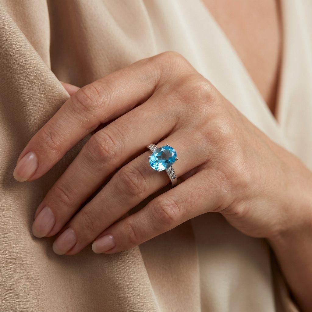 Ladies Ring, Natural Diamonds (0.03CTW) with Natural Blue Topaz 9x7mm, 10K White Gold