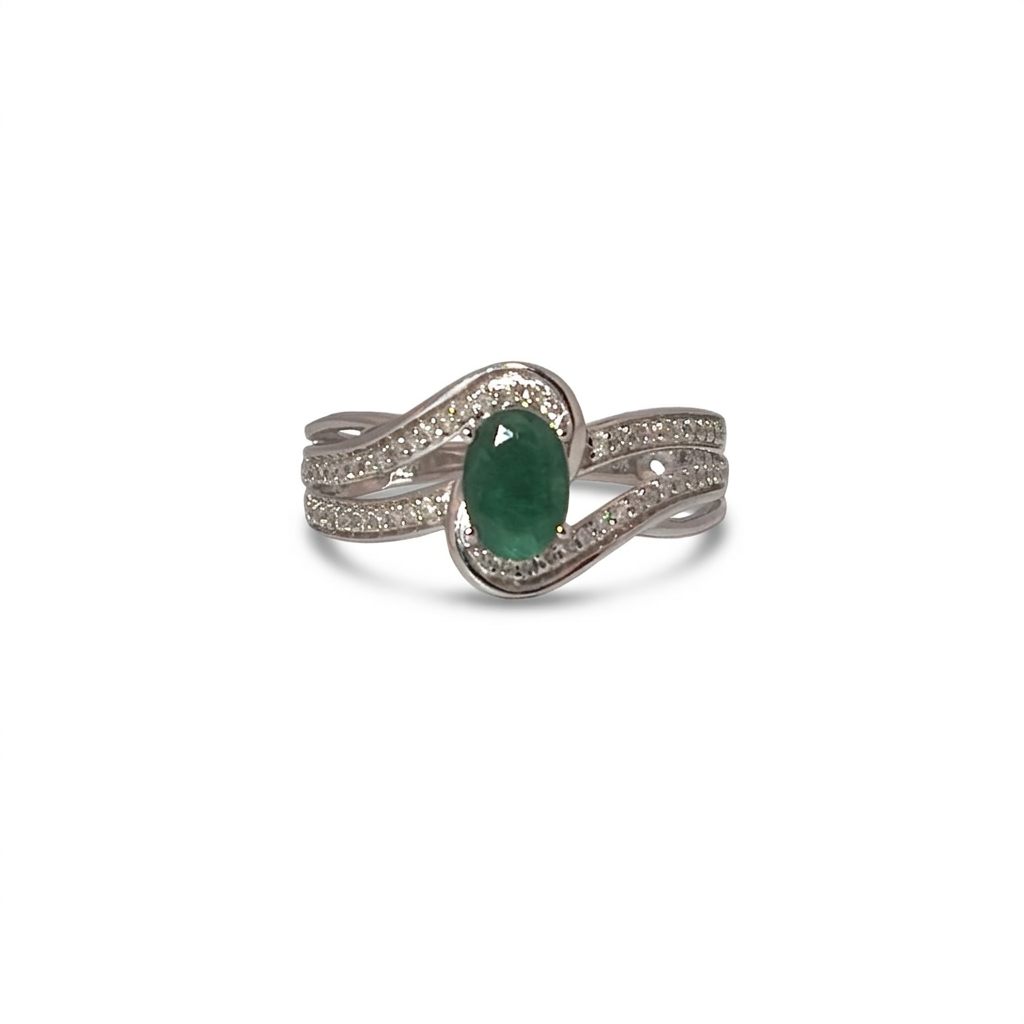 Natural Emerald and 0.20ct Natural Diamonds Women Ring, 10K White Gold