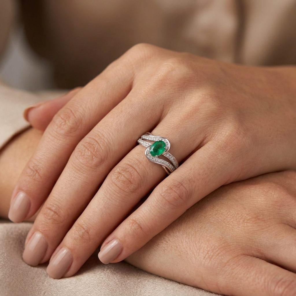 Natural Emerald and 0.20ct Natural Diamonds Women Ring, 10K White Gold