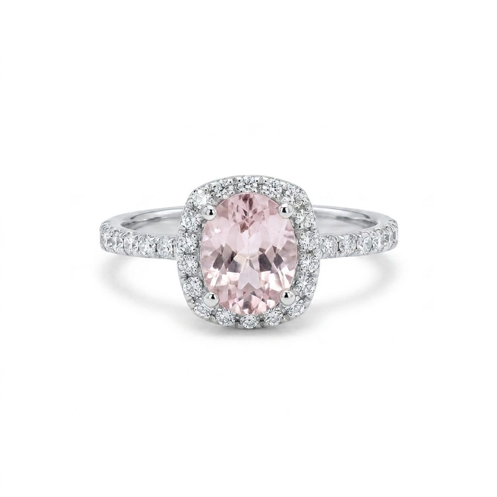 Hallo Style Solitaire style Bridal with 0.40CTW Natural Diamonds and 8X6 1.5CT Natural Kunzite, 14K White Gold