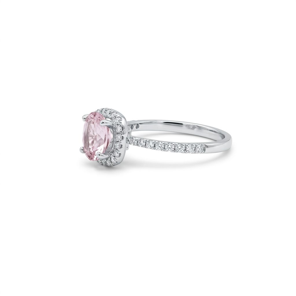 Hallo Style Solitaire style Bridal with 0.40CTW Natural Diamonds and 8X6 1.5CT Natural Kunzite, 14K White Gold