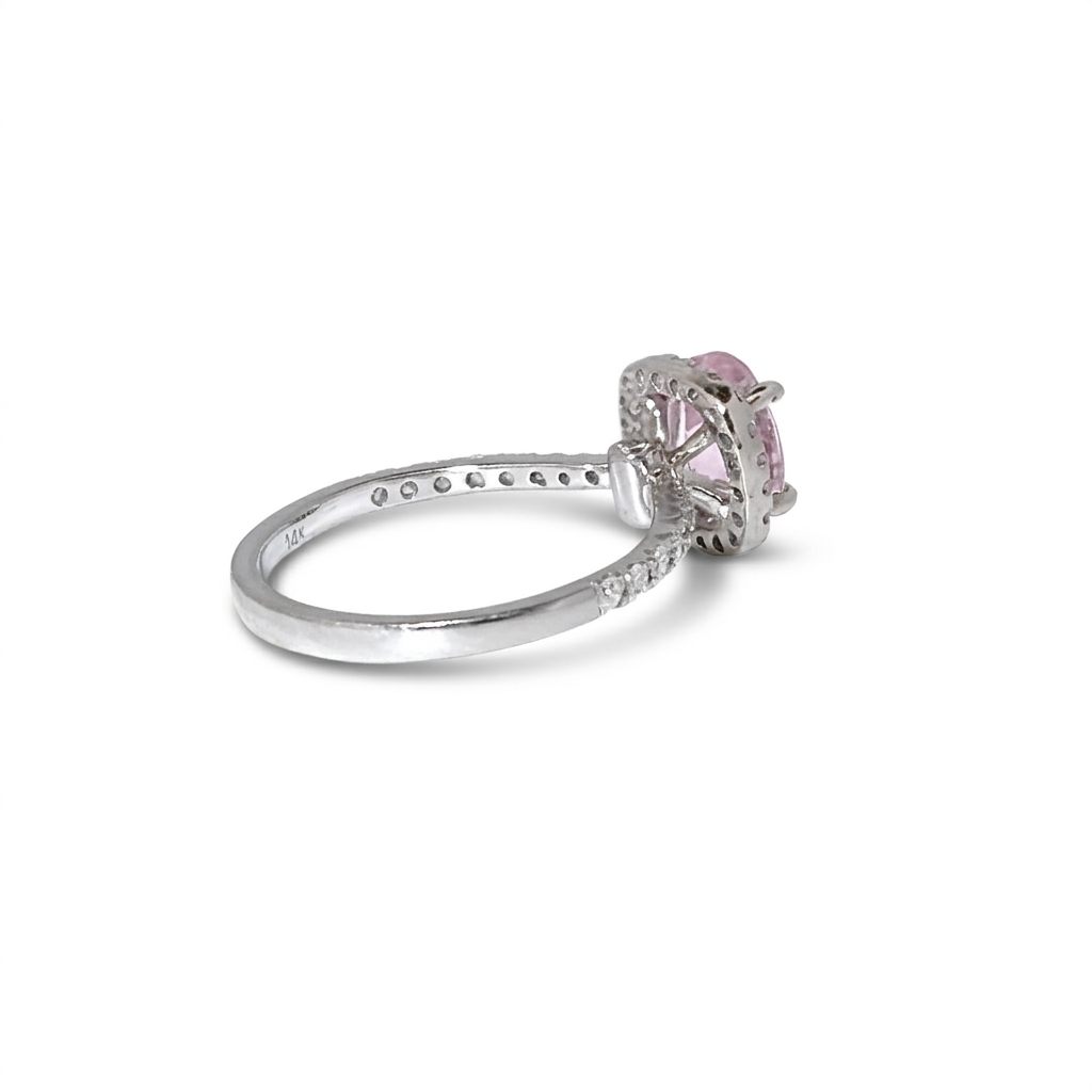 Hallo Style Solitaire style Bridal with 0.40CTW Natural Diamonds and 8X6 1.5CT Natural Kunzite, 14K White Gold