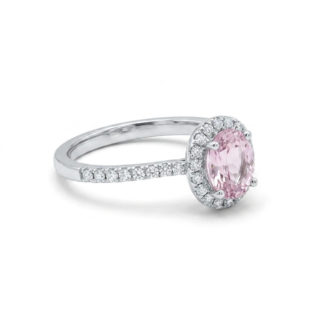 Hallo Style Solitaire style Bridal with 0.40CTW Natural Diamonds and 8X6 1.5CT Natural Kunzite, 14K White Gold