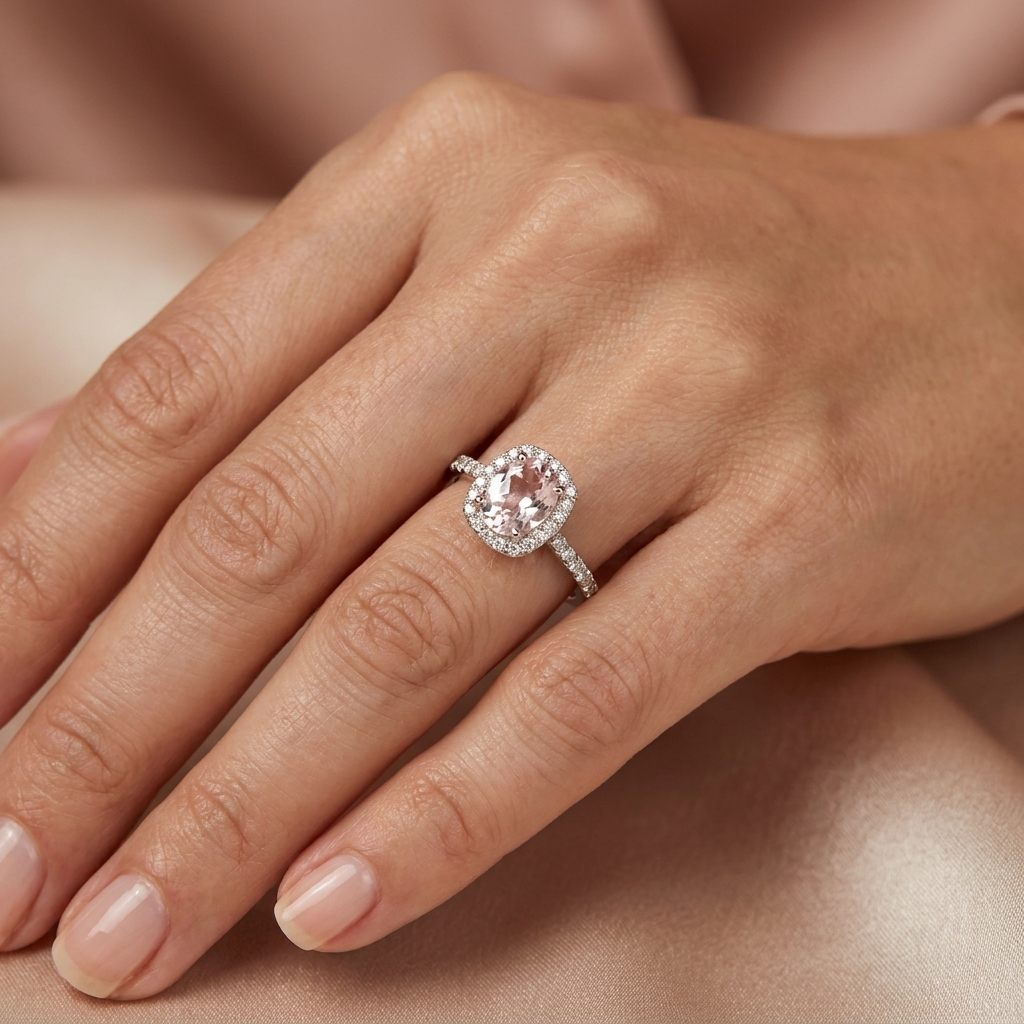 Hallo Style Solitaire style Bridal with 0.40CTW Natural Diamonds and 8X6 1.5CT Natural Kunzite, 14K White Gold