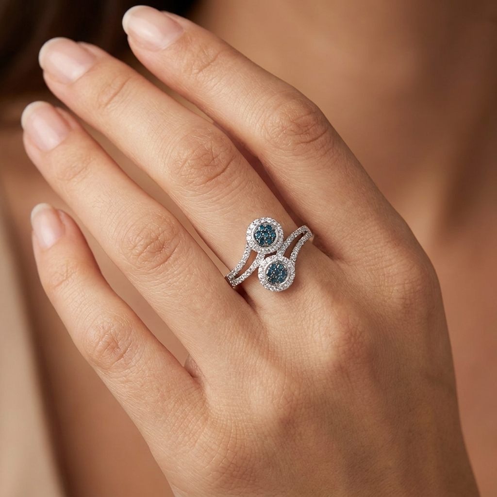 Natural Blue and Colorless Diamond (0.50CTW) Size 7, 10K White Gold