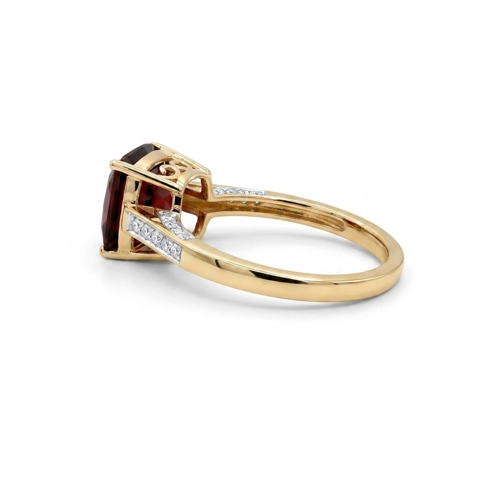 Ladies Ring, Natural Diamonds (0.07CTW) with Natural Garnet 10x10mm, 14K Yellow Gold