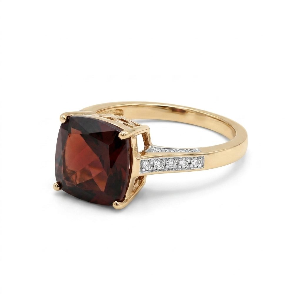 Ladies Ring, Natural Diamonds (0.07CTW) with Natural Garnet 10x10mm, 14K Yellow Gold