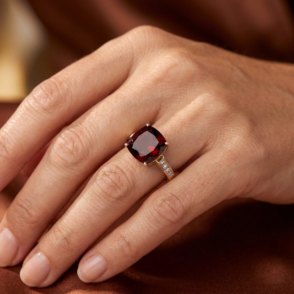 Ladies Ring, Natural Diamonds (0.07CTW) with Natural Garnet 10x10mm, 14K Yellow Gold