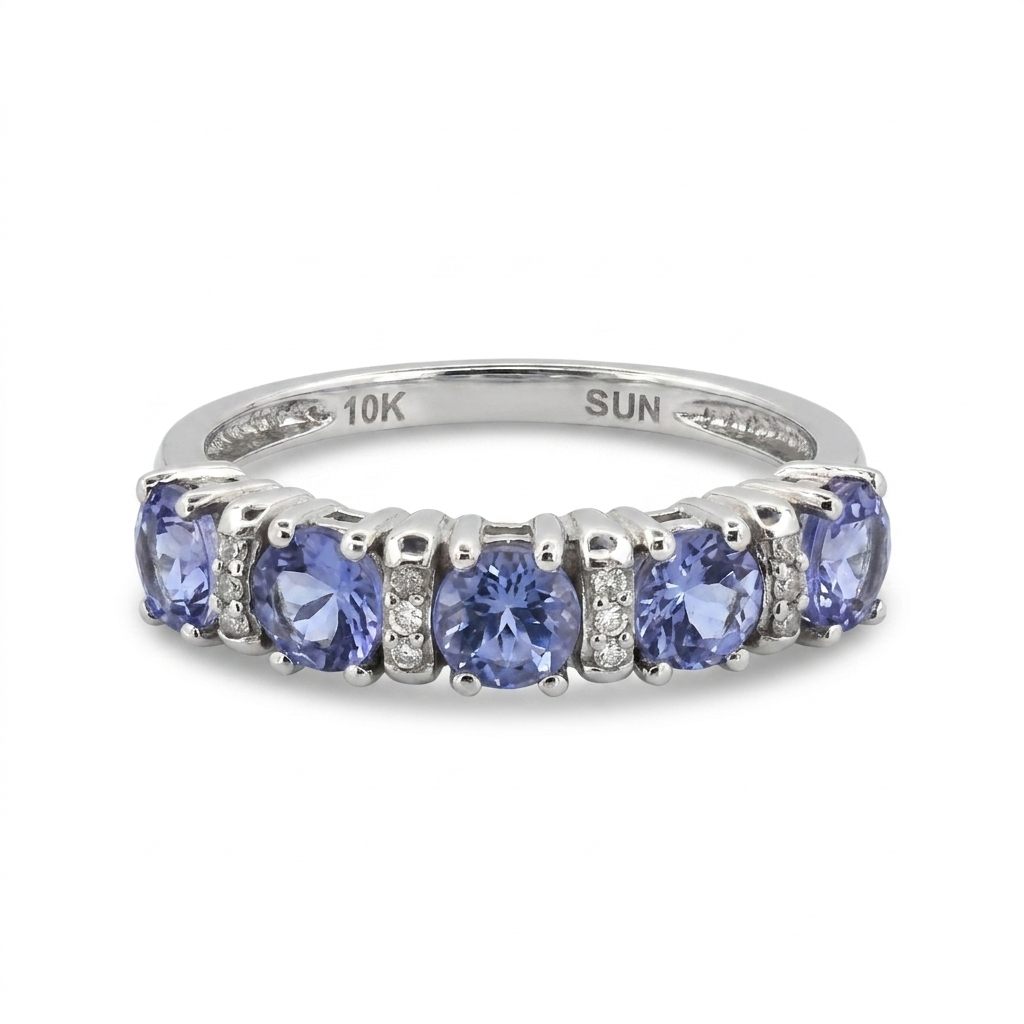 Natural Tanzanite and 0.10ct Natural Diamonds Women Ring, 10K White Gold