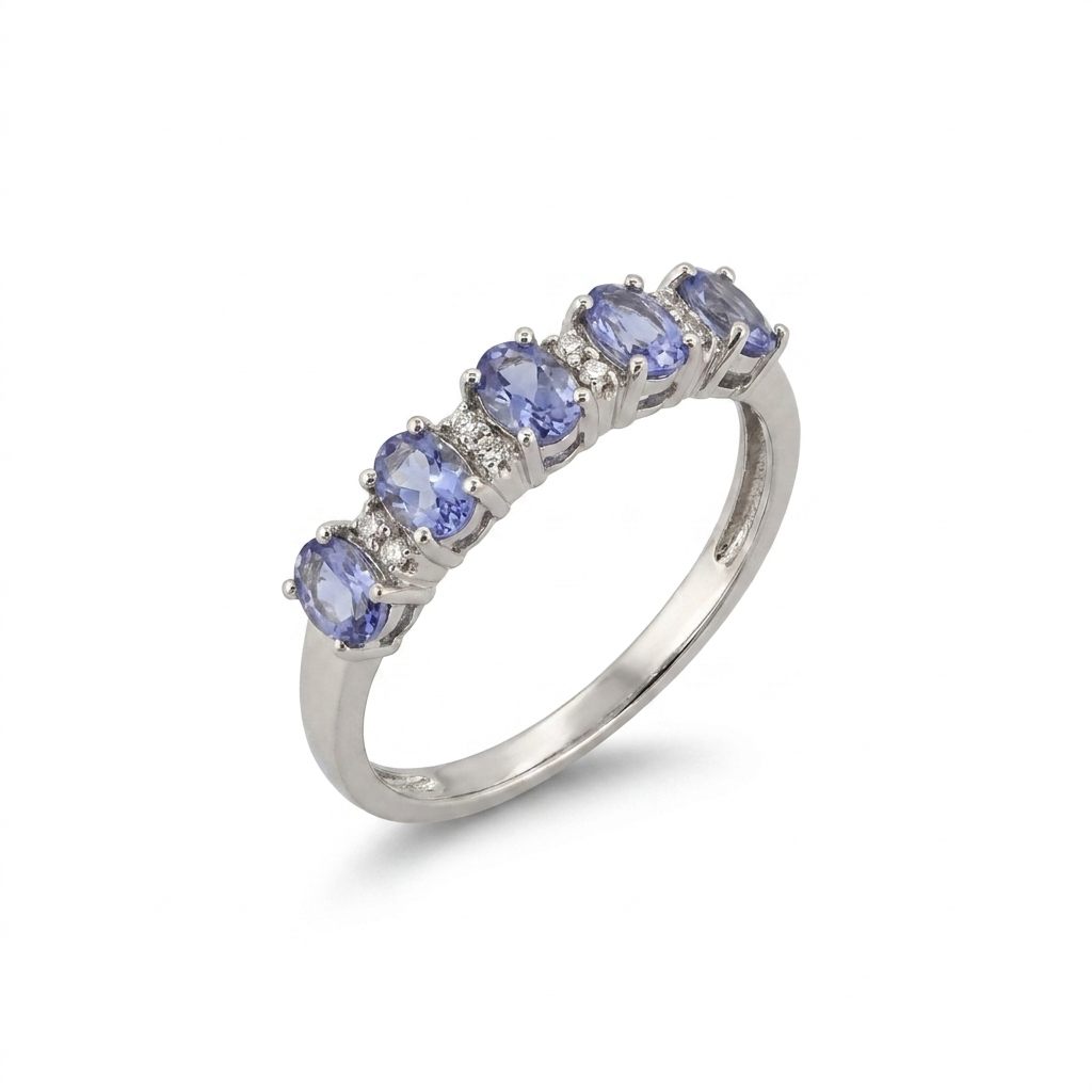 Natural Tanzanite and 0.10ct Natural Diamonds Women Ring, 10K White Gold