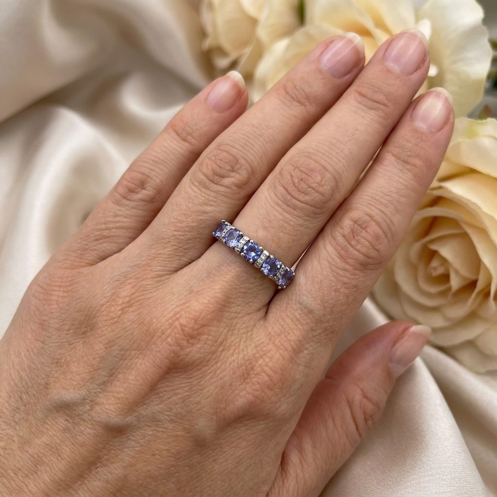 Natural Tanzanite and 0.10ct Natural Diamonds Women Ring, 10K White Gold