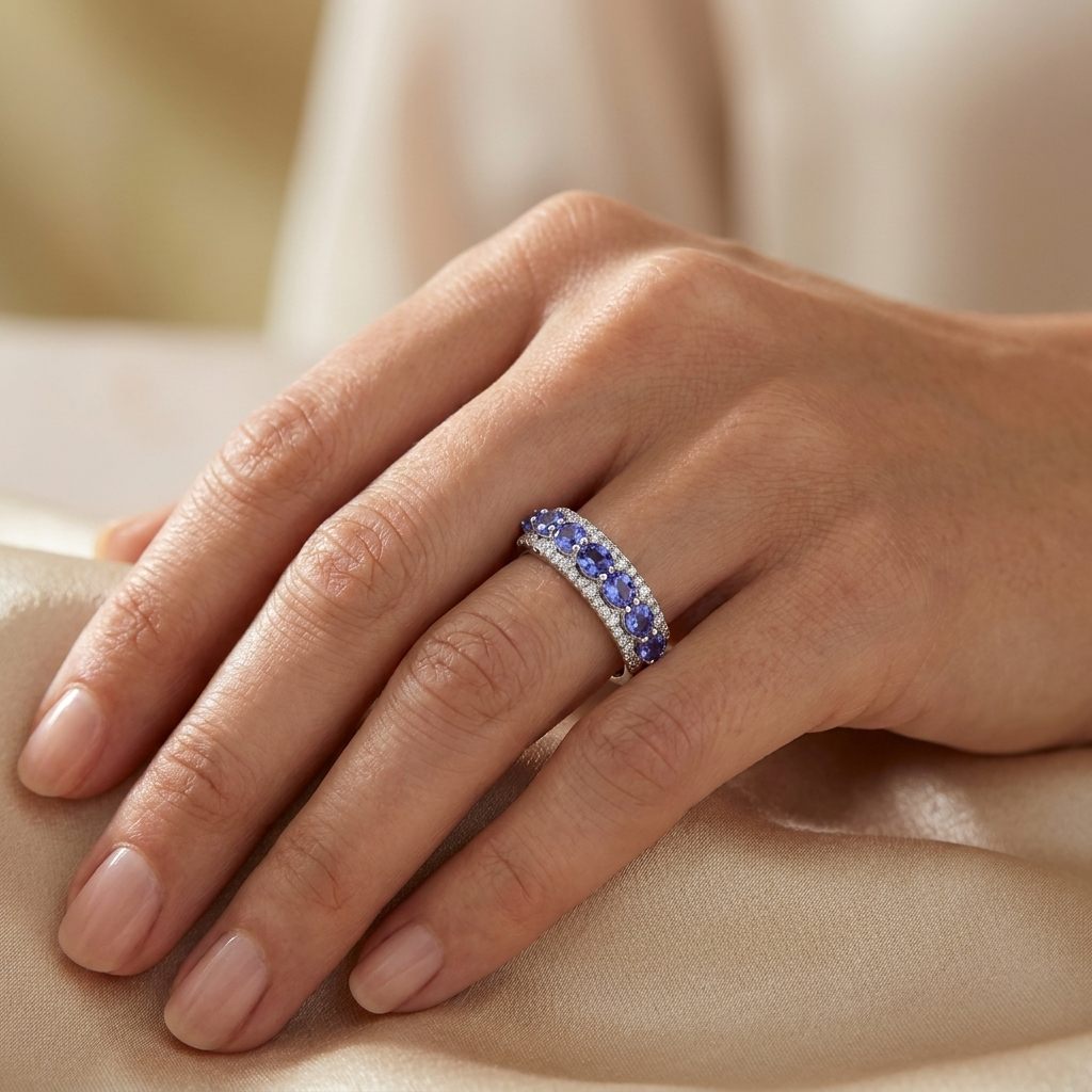 0.37ct Natural Diamonds, with 0.86ct Natural Tanzanite, EFFY Designer Women Band, 14K White Gold