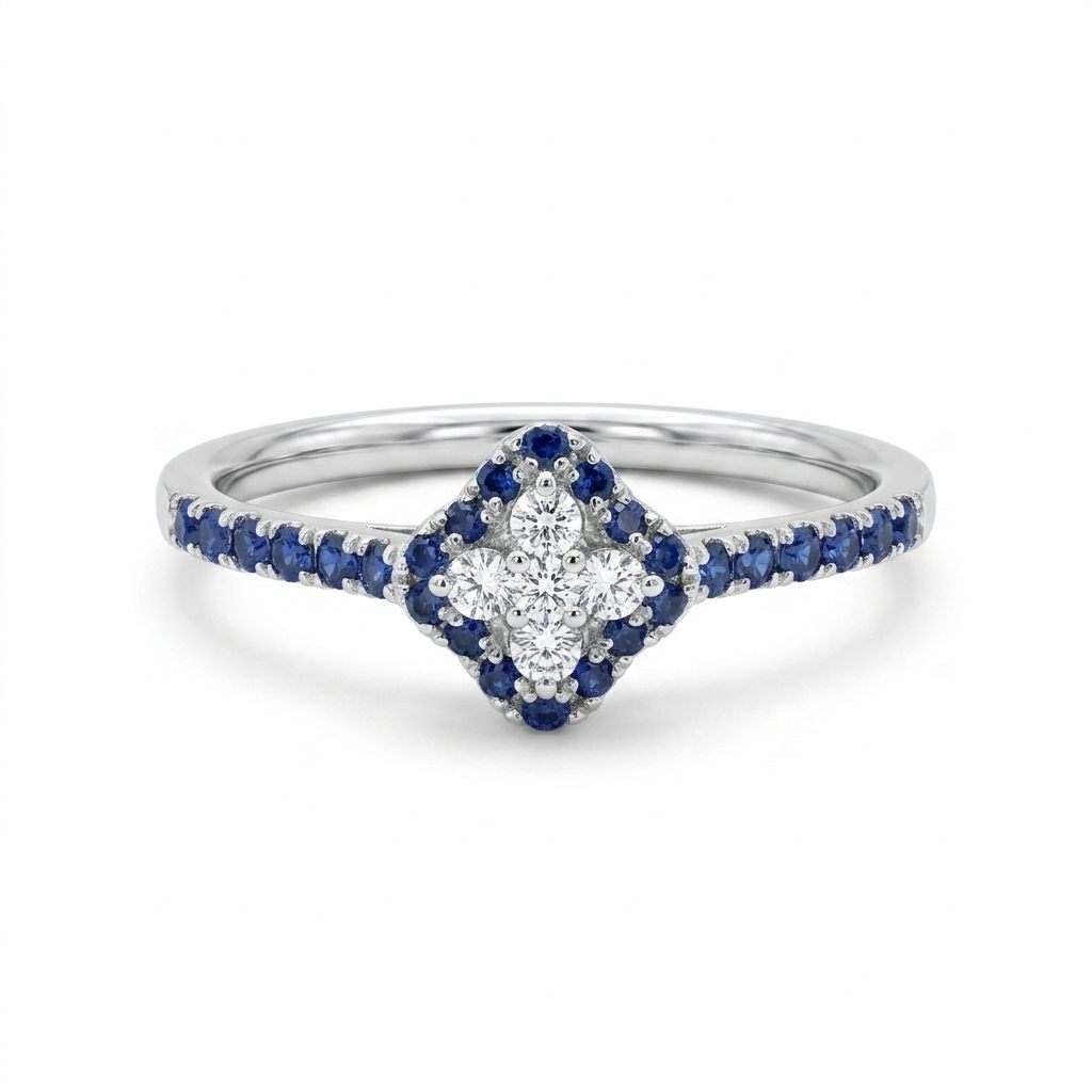 Ladies Ring, Natural Diamonds (1/8CTW) with Natural Sapphire 1/3CTW, 14K White Gold