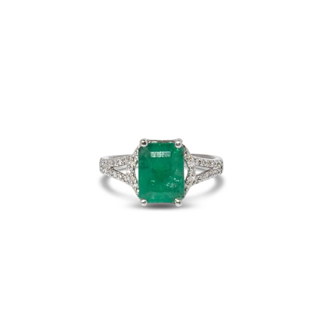 Natural Emerald (1.5CT) with Natural Diamonds (0.07CT) Size 6, 14K White Gold
