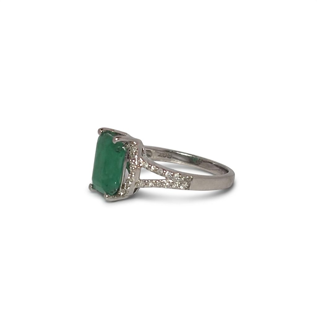 Natural Emerald (1.5CT) with Natural Diamonds (0.07CT) Size 6, 14K White Gold