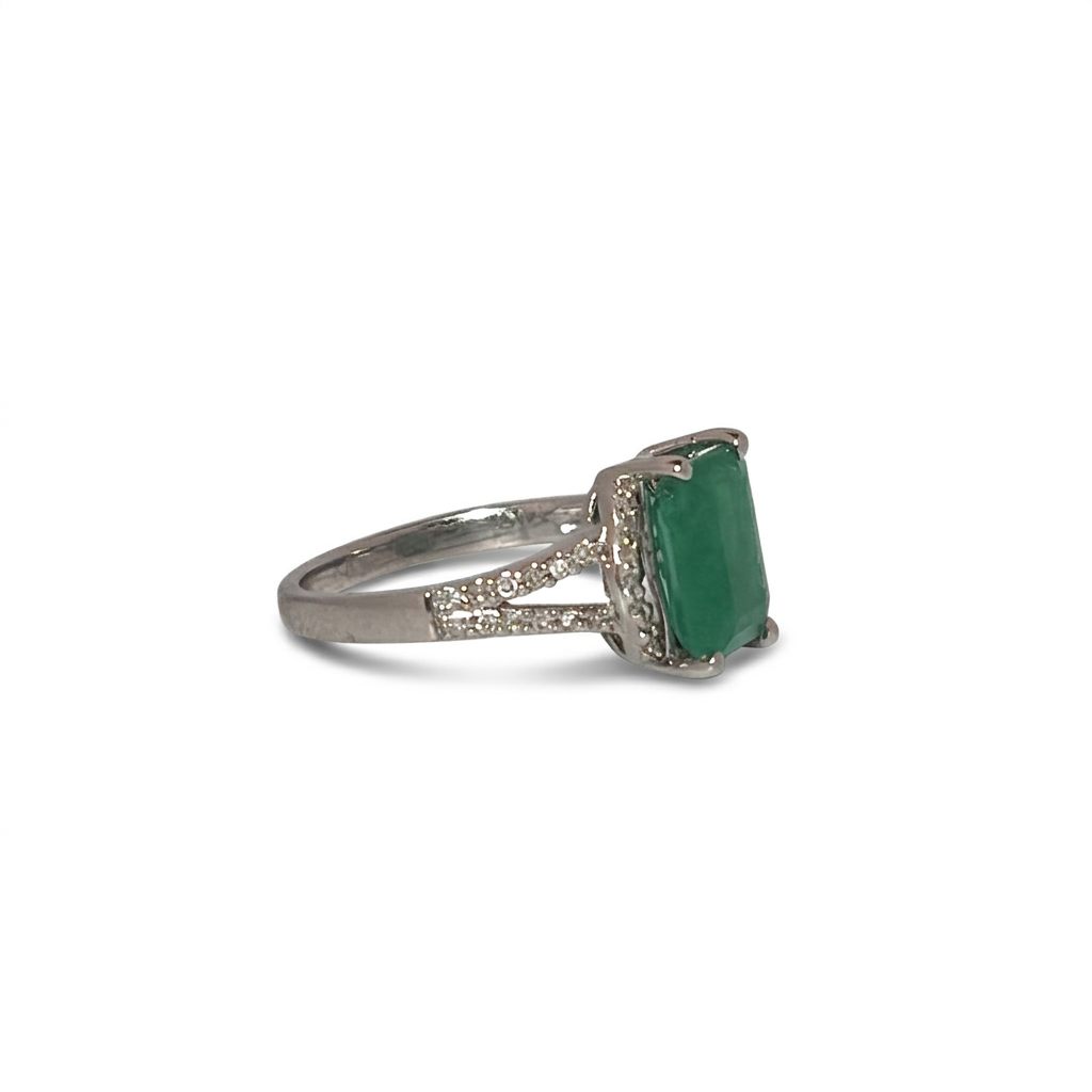 Natural Emerald (1.5CT) with Natural Diamonds (0.07CT) Size 6, 14K White Gold