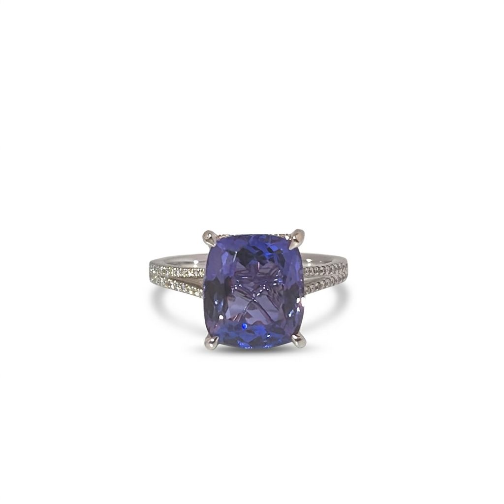 Modified Brilliant Cut, Cushion Shape, Bluish Violet Tanzanite 4.59CT (10.95 x 9.66 x 5.45 mm) with Natural Diamonds (0.31CT) Ring. GIA Certified (1232466558). 18K White Gold (4.80 GW)