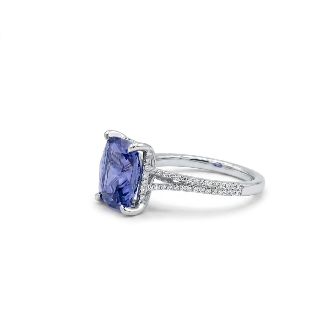 Modified Brilliant Cut, Cushion Shape, Bluish Violet Tanzanite 4.59CT (10.95 x 9.66 x 5.45 mm) with Natural Diamonds (0.31CT) Ring. GIA Certified (1232466558). 18K White Gold (4.80 GW)