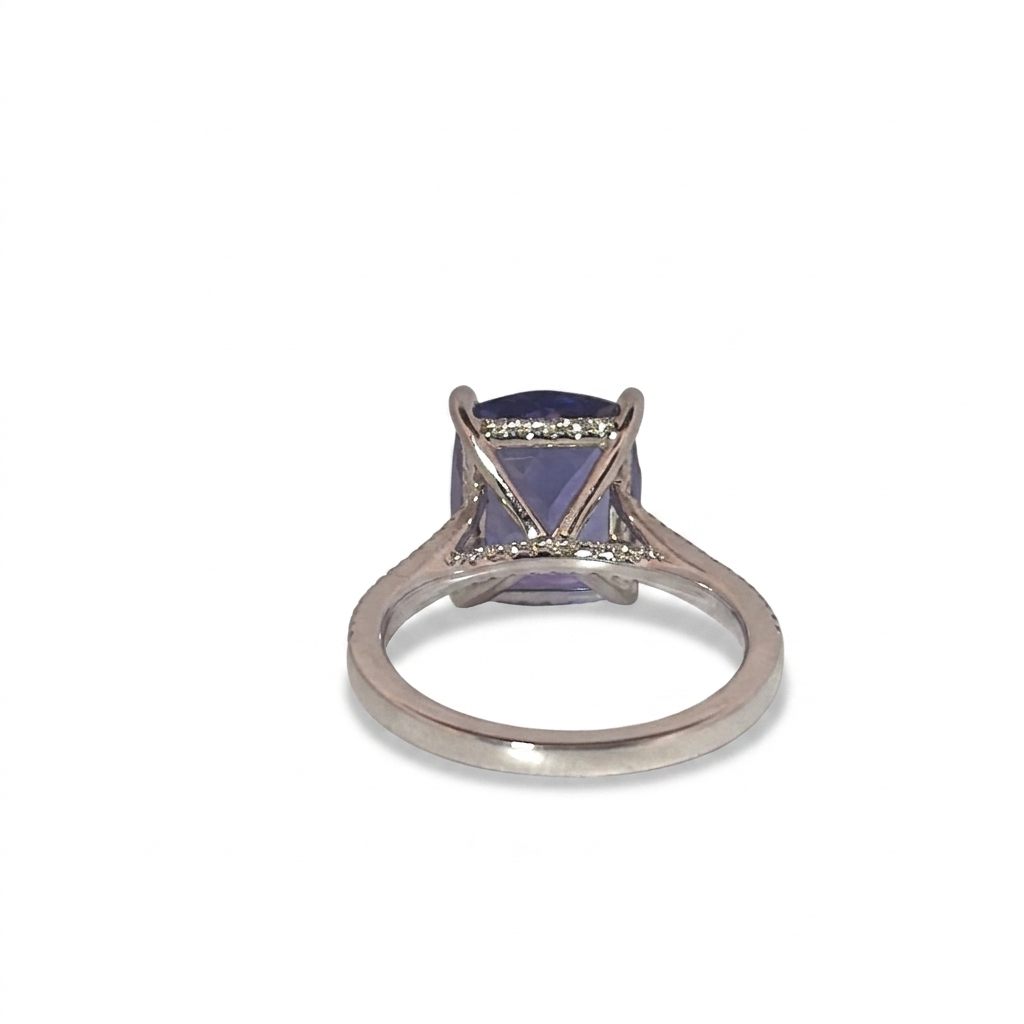 Modified Brilliant Cut, Cushion Shape, Bluish Violet Tanzanite 4.59CT (10.95 x 9.66 x 5.45 mm) with Natural Diamonds (0.31CT) Ring. GIA Certified (1232466558). 18K White Gold (4.80 GW)
