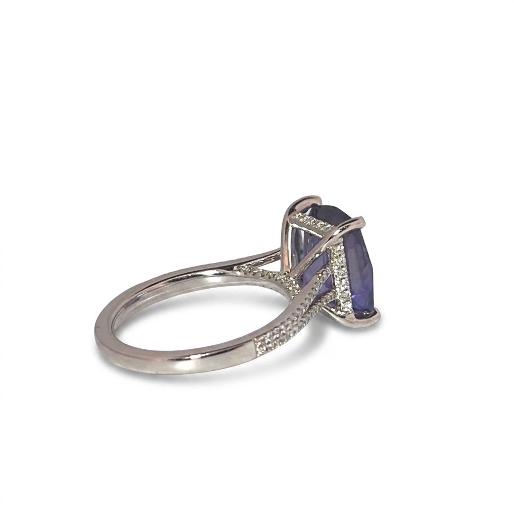 Modified Brilliant Cut, Cushion Shape, Bluish Violet Tanzanite 4.59CT (10.95 x 9.66 x 5.45 mm) with Natural Diamonds (0.31CT) Ring. GIA Certified (1232466558). 18K White Gold (4.80 GW)