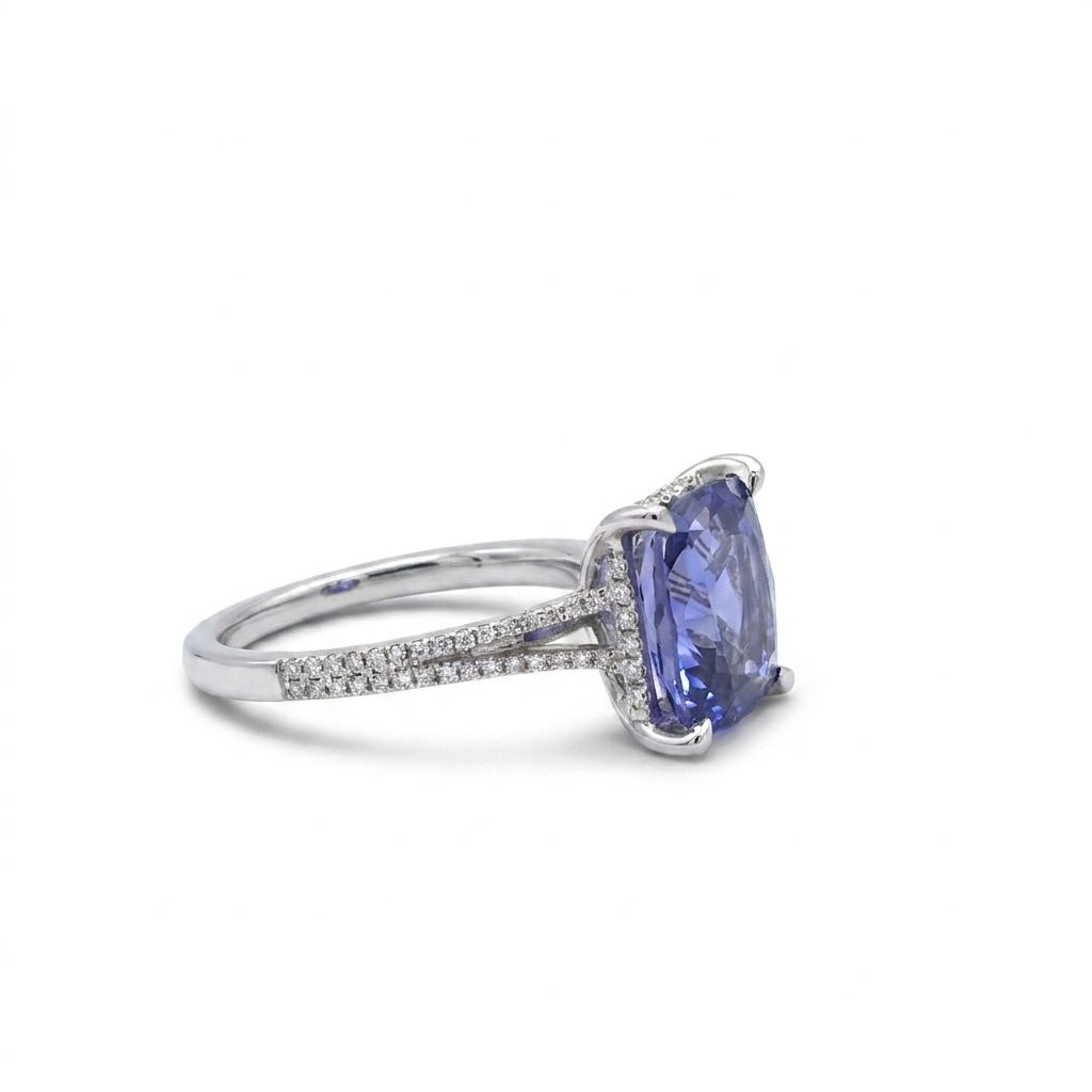 Modified Brilliant Cut, Cushion Shape, Bluish Violet Tanzanite 4.59CT (10.95 x 9.66 x 5.45 mm) with Natural Diamonds (0.31CT) Ring. GIA Certified (1232466558). 18K White Gold (4.80 GW)