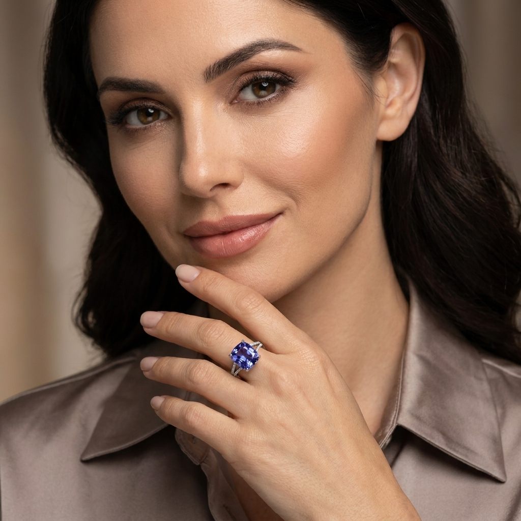 Modified Brilliant Cut, Cushion Shape, Bluish Violet Tanzanite 4.59CT (10.95 x 9.66 x 5.45 mm) with Natural Diamonds (0.31CT) Ring. GIA Certified (1232466558). 18K White Gold (4.80 GW)