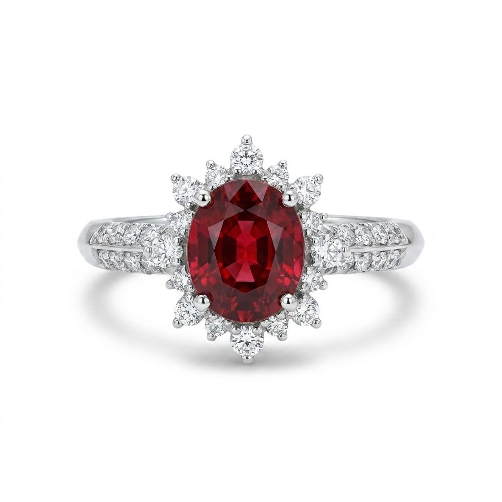 Brilliant Cut, Oval Shape,Notable Gem, Burmese Red Spinel(1.72CT, 7.600x6.75mm) No Heat and No treat. Mounted on Platinum 950 with 0.60 Natural Diamonds - GIA Certified (GIA-2235573476).