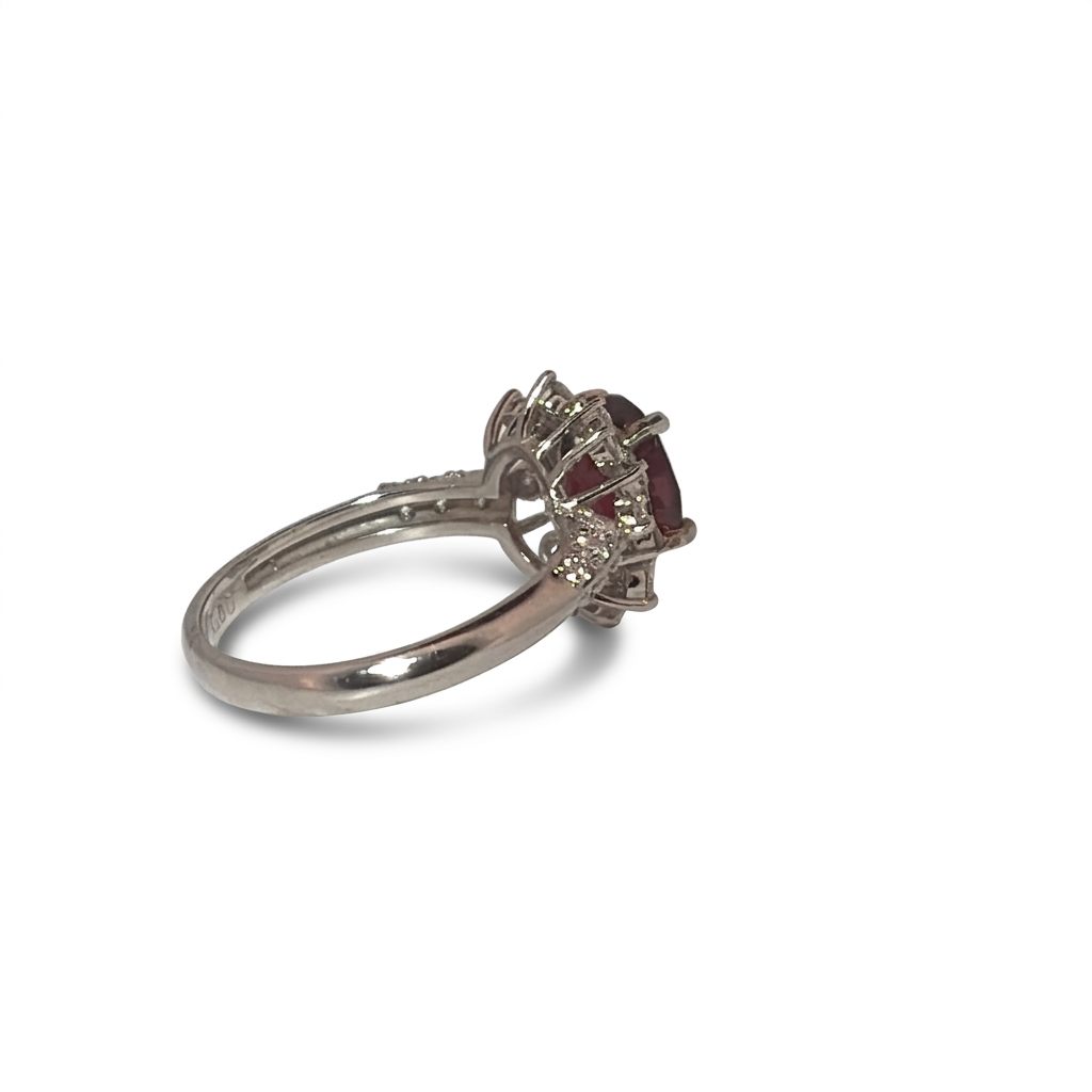 Brilliant Cut, Oval Shape,Notable Gem, Burmese Red Spinel(1.72CT, 7.600x6.75mm) No Heat and No treat. Mounted on Platinum 950 with 0.60 Natural Diamonds - GIA Certified (GIA-2235573476).