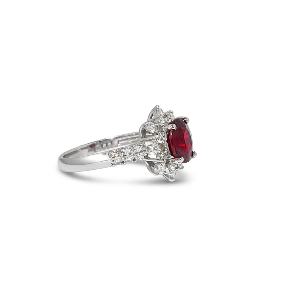 Brilliant Cut, Oval Shape,Notable Gem, Burmese Red Spinel(1.72CT, 7.600x6.75mm) No Heat and No treat. Mounted on Platinum 950 with 0.60 Natural Diamonds - GIA Certified (GIA-2235573476).