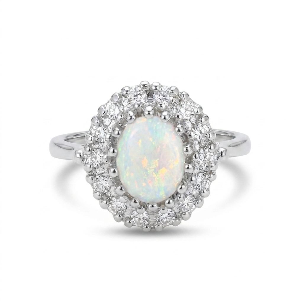 0.42CTW Natural Diamonds with Center Opal,  14K White Gold