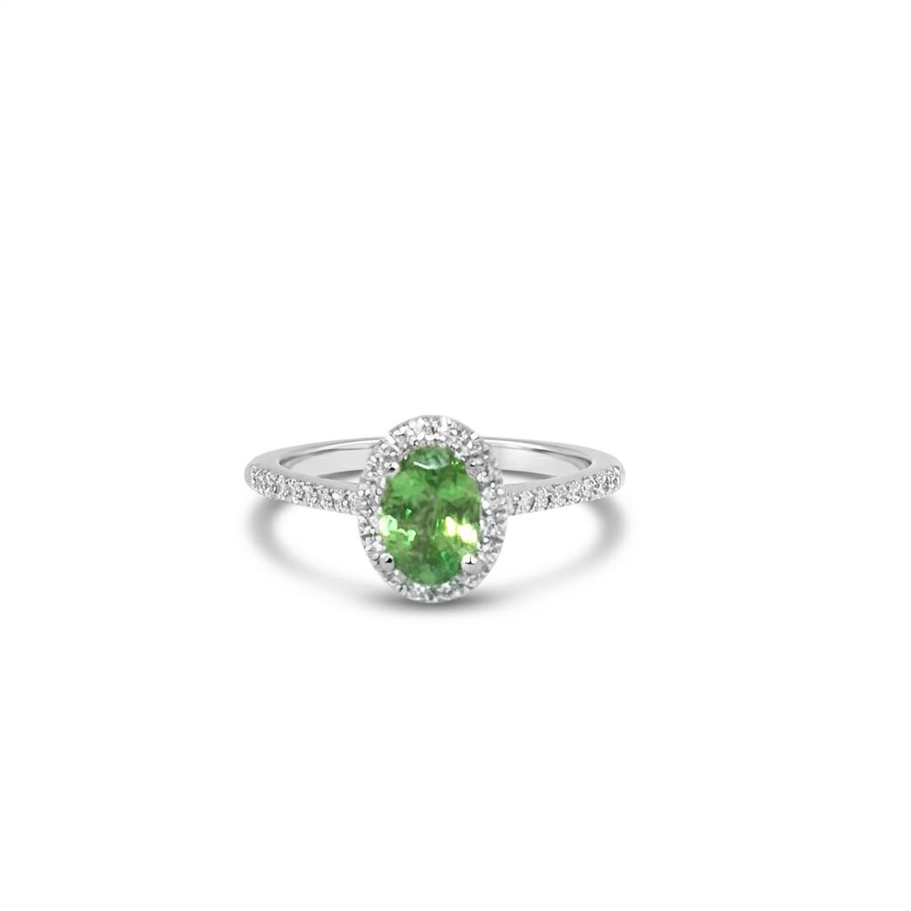 Modified Brilliant Cut, Oval Shape, Yellowish Green Tsavorite (0.84CT, 7.06 x 5.17 x 3.09 mm), Mounted on 14K White Gold with Natural Diamonds (0.33CTW). GIA Certified (6237467057). Size 6.50