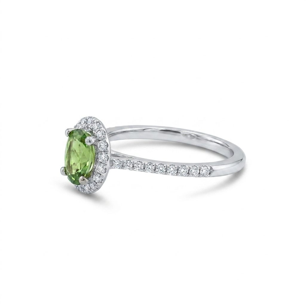 Modified Brilliant Cut, Oval Shape, Yellowish Green Tsavorite (0.84CT, 7.06 x 5.17 x 3.09 mm), Mounted on 14K White Gold with Natural Diamonds (0.33CTW). GIA Certified (6237467057). Size 6.50