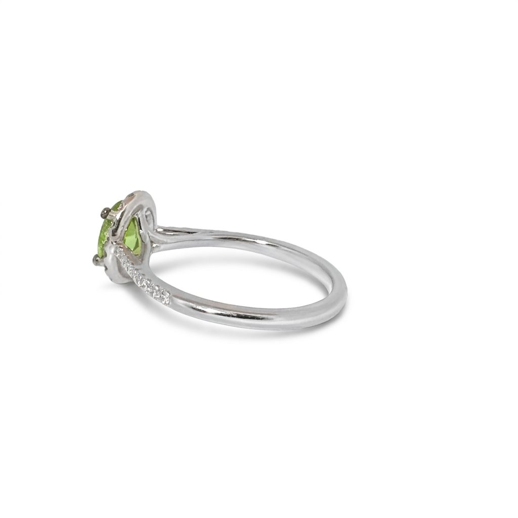 Modified Brilliant Cut, Oval Shape, Yellowish Green Tsavorite (0.84CT, 7.06 x 5.17 x 3.09 mm), Mounted on 14K White Gold with Natural Diamonds (0.33CTW). GIA Certified (6237467057). Size 6.50