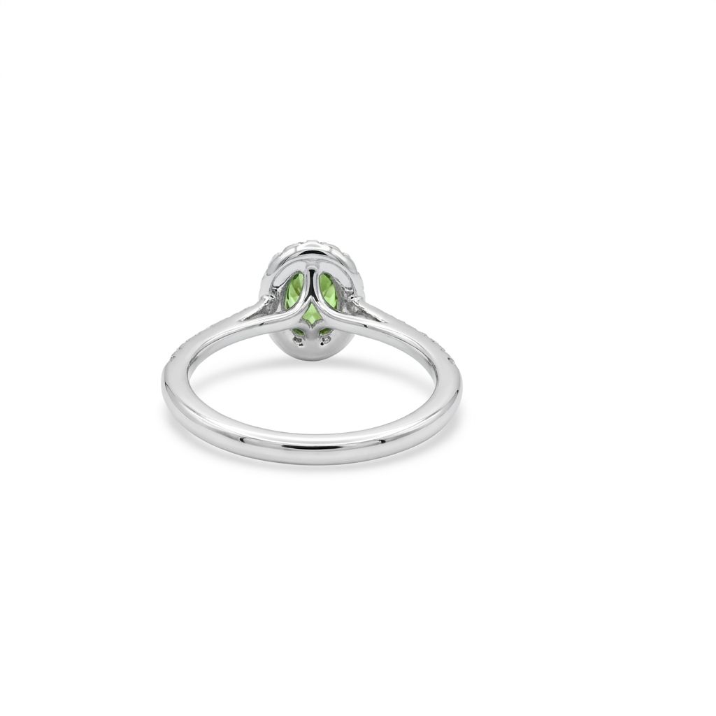 Modified Brilliant Cut, Oval Shape, Yellowish Green Tsavorite (0.84CT, 7.06 x 5.17 x 3.09 mm), Mounted on 14K White Gold with Natural Diamonds (0.33CTW). GIA Certified (6237467057). Size 6.50