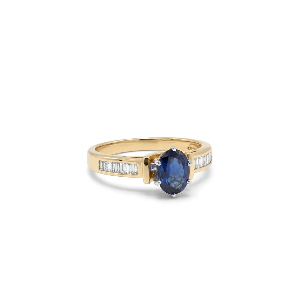Oval Solitaire style Bridal Ring with 0.50 CT Natural Sapphire and 0.25 CTW Natural Diamonds, Two Tone 14K Gold White/Yellow