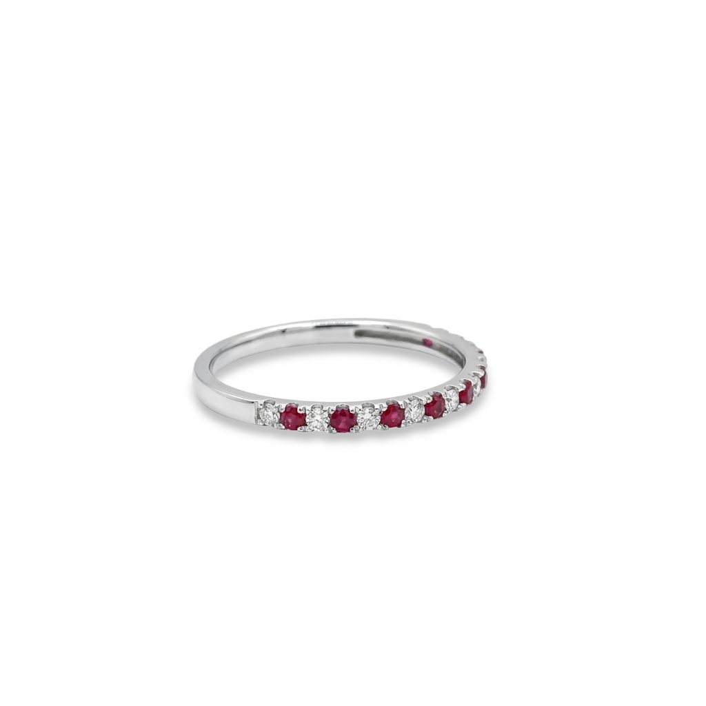 Natural Diamonds (0.14 CTW), Natural Ruby (0.22 CTW), Designer Band, Size 7, 14K White Gold