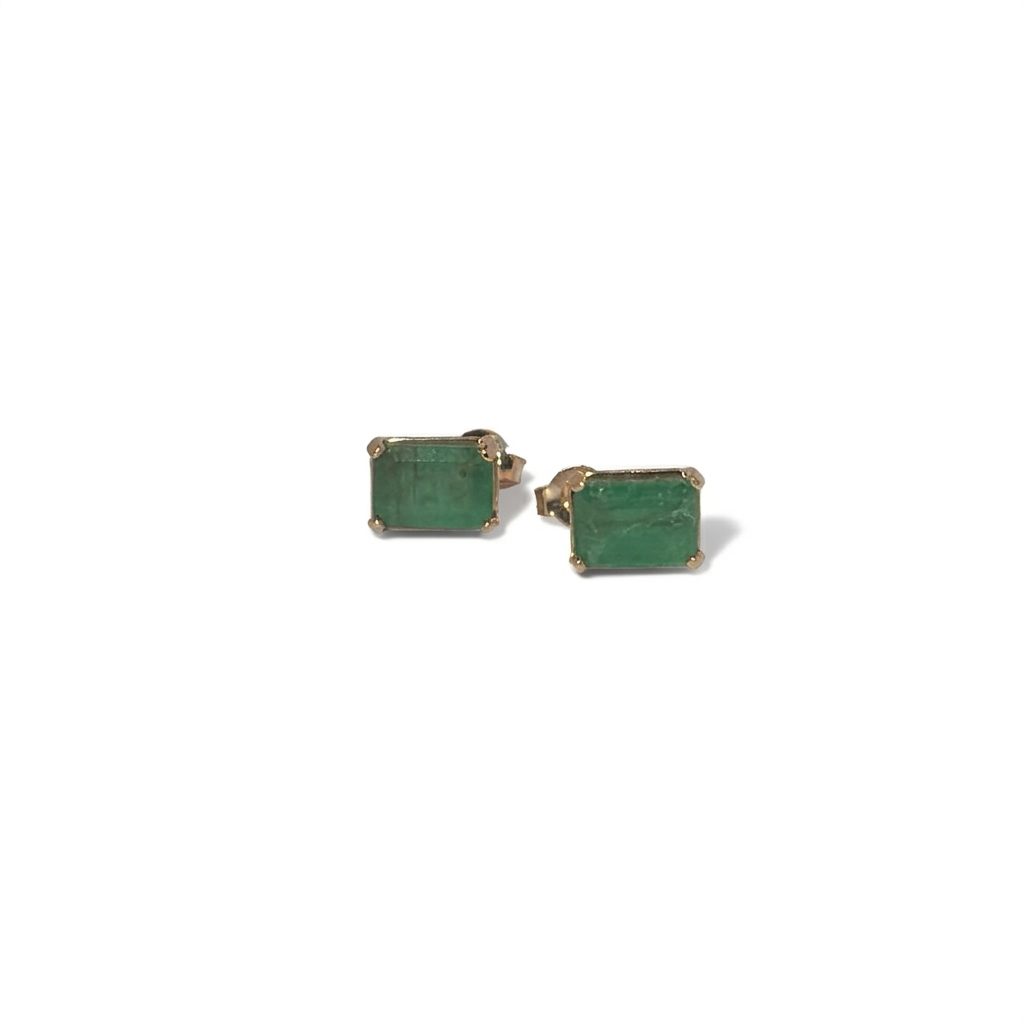14K Yellow Gold Earrings, set with 2 Emeralds (1ct total), rectangular cut.