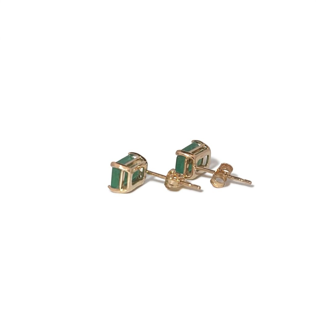 14K Yellow Gold Earrings, set with 2 Emeralds (1ct total), rectangular cut.