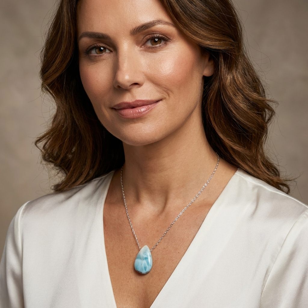 Sterling Silver 925 Necklace with 1 Pear-shaped Larimar stone, female style.